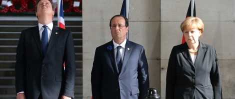 Britain's PM Cameron, France's President Hollande and Germany's Chancellor Merkel attend a "Last Post" ceremony at the Menin Gate in Ypres